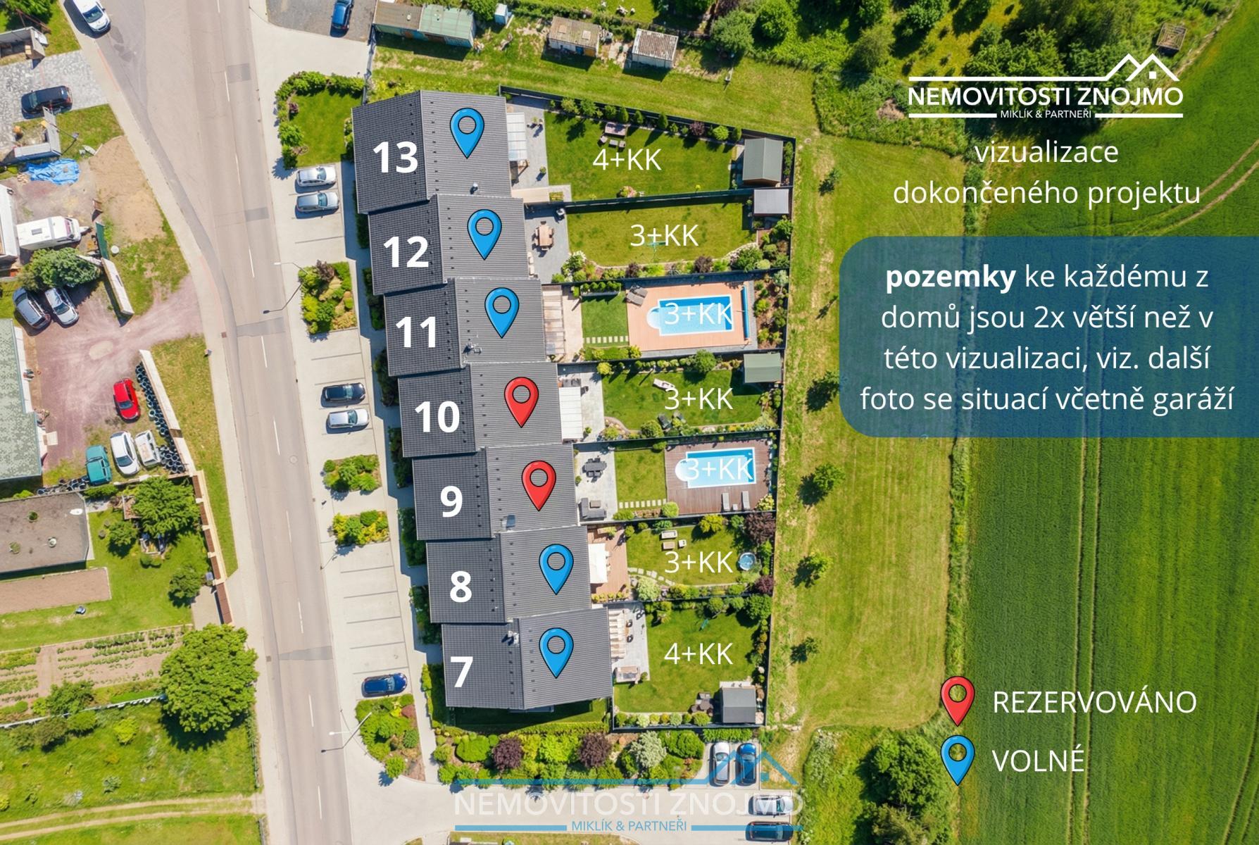 Letecká vizualizace projektu Načeratice s vyznačenými domy 7 až 13